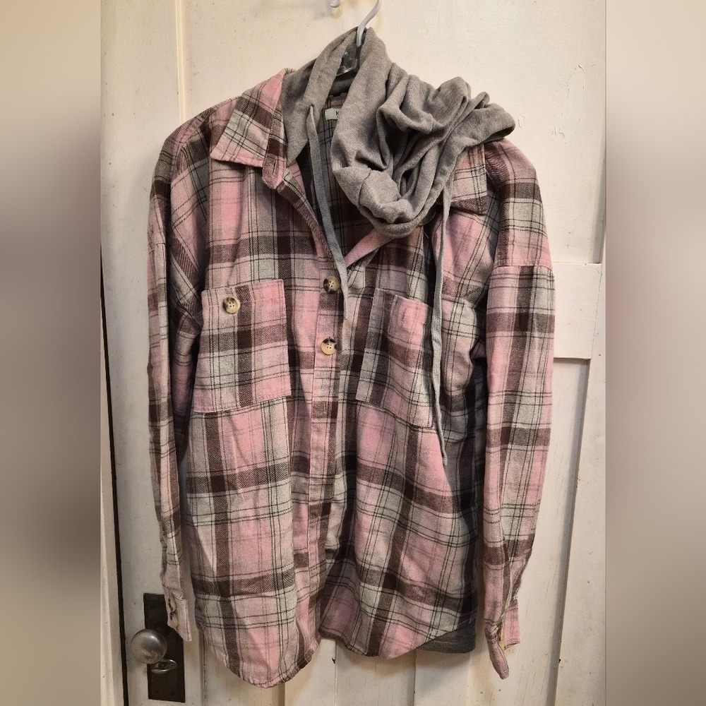 Pink and Brown Plaid Button-Up Shirt